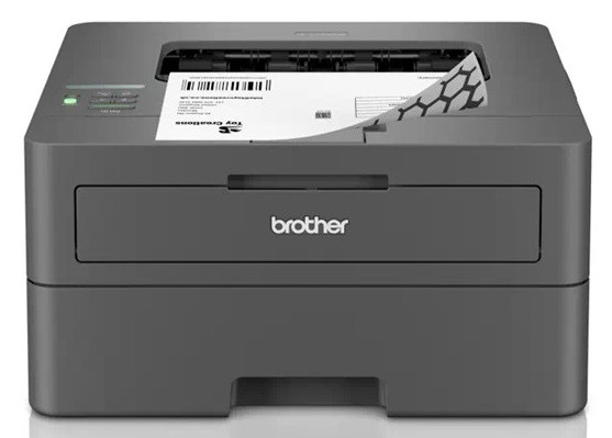 Grå Brother‑laserskrivare som skriver ut dokument, effektiv kontorsskrivare.